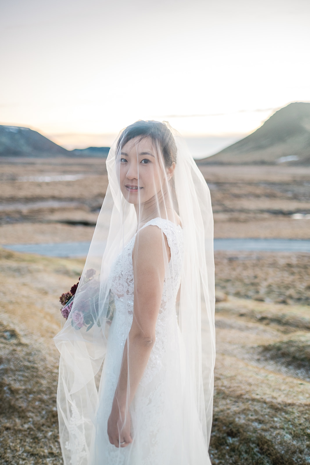 stunning portrait of an Asian bride in Iceland