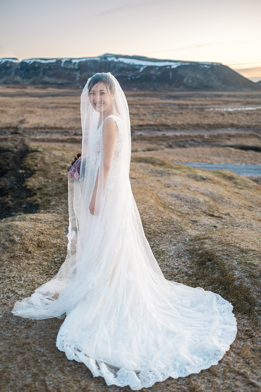 terrific portrait of an Asian bride in Iceland