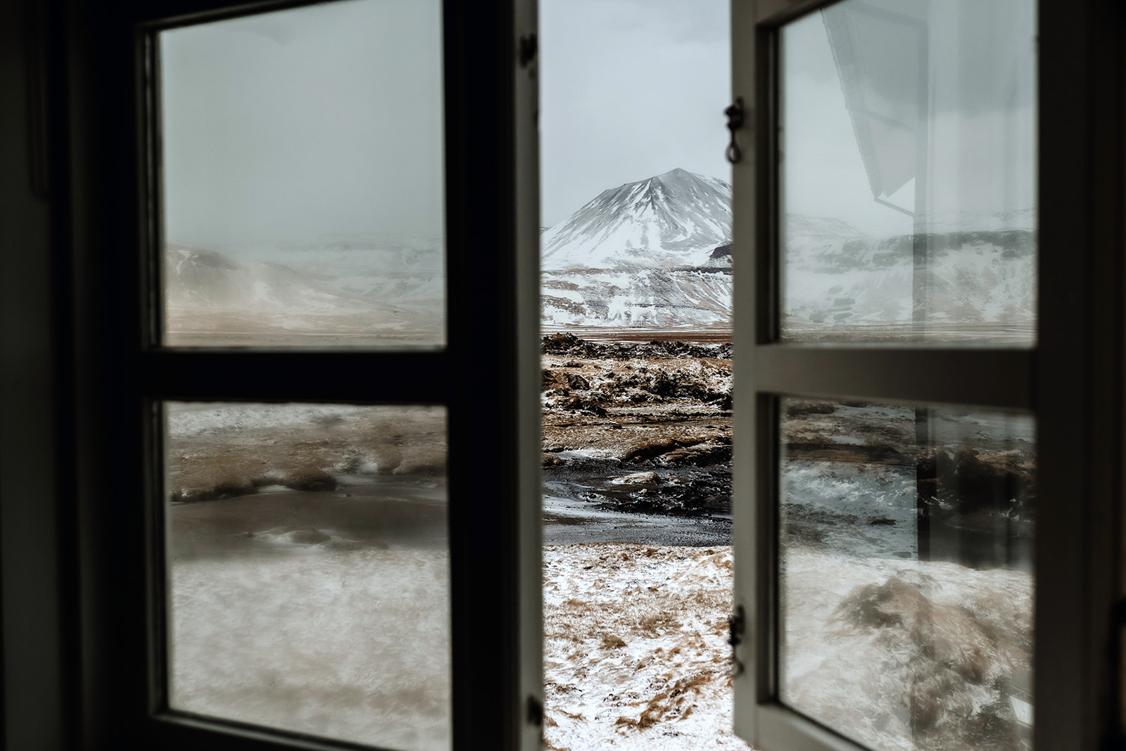 Window show of the snowy winter landscape of Iceland