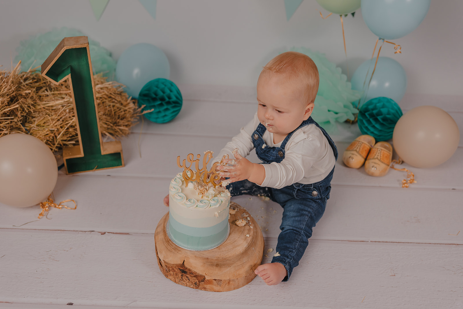 Cake Smash fotoshoot Gelderland jongen groen mint blauw rustig zwolle overijssel heerde apeldoorn boerderij thema 